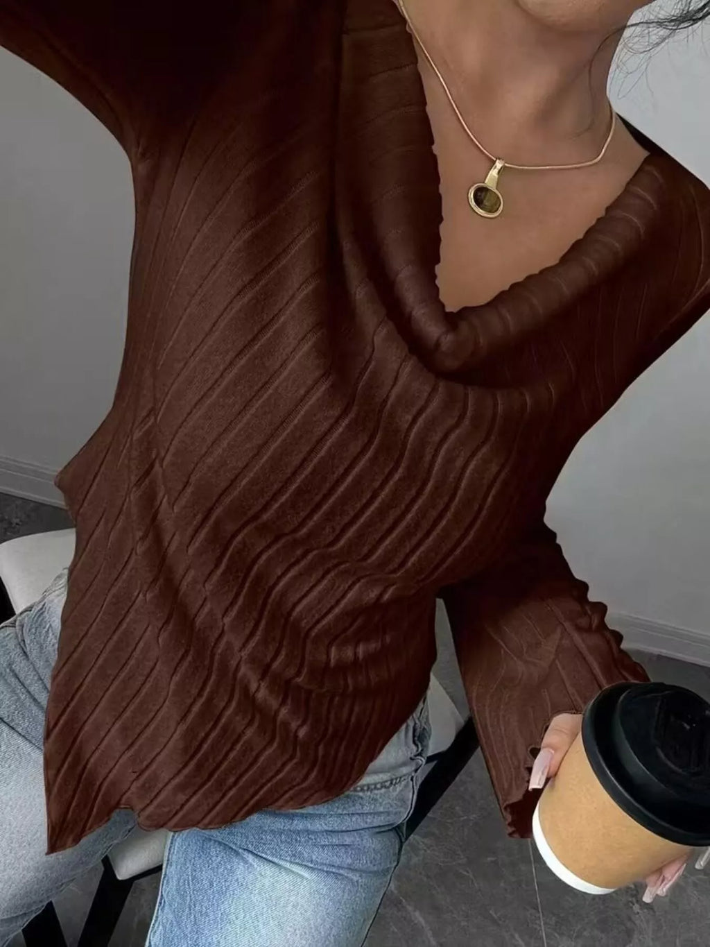 Cowl Neck Ribbed Knit T-shirt (13)