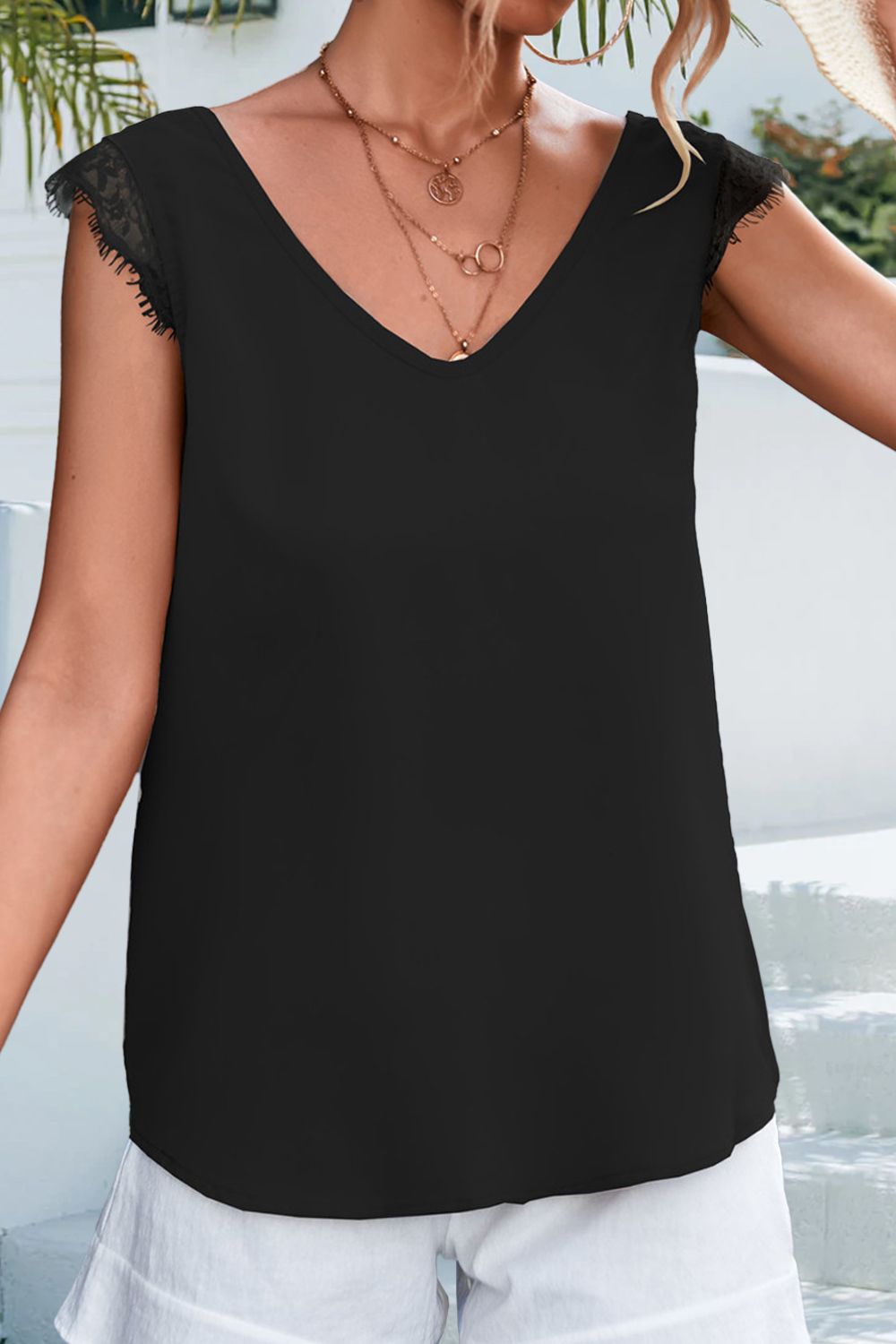 Lace Detail Eyelash Trim V-neck Tank