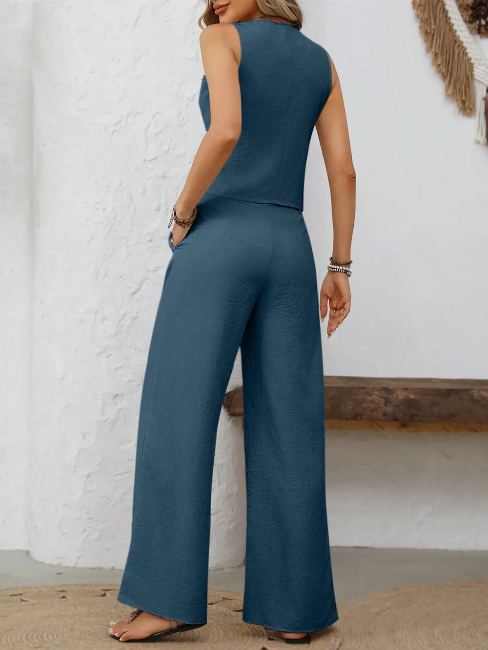 V-neck Button Down Vest Wide Leg Pants Set (8)