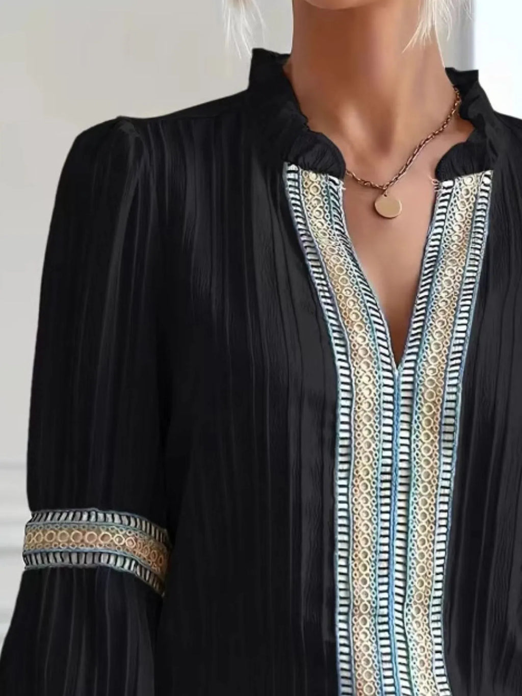 Notched Textured Balloon Sleeve Blouse (6)