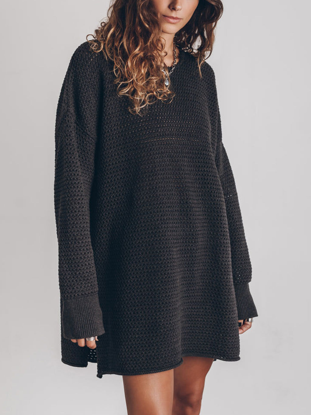 Openwork Round Neck Long Sleeve Slit Sweater (5)