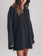 Openwork Round Neck Long Sleeve Slit Sweater (5)