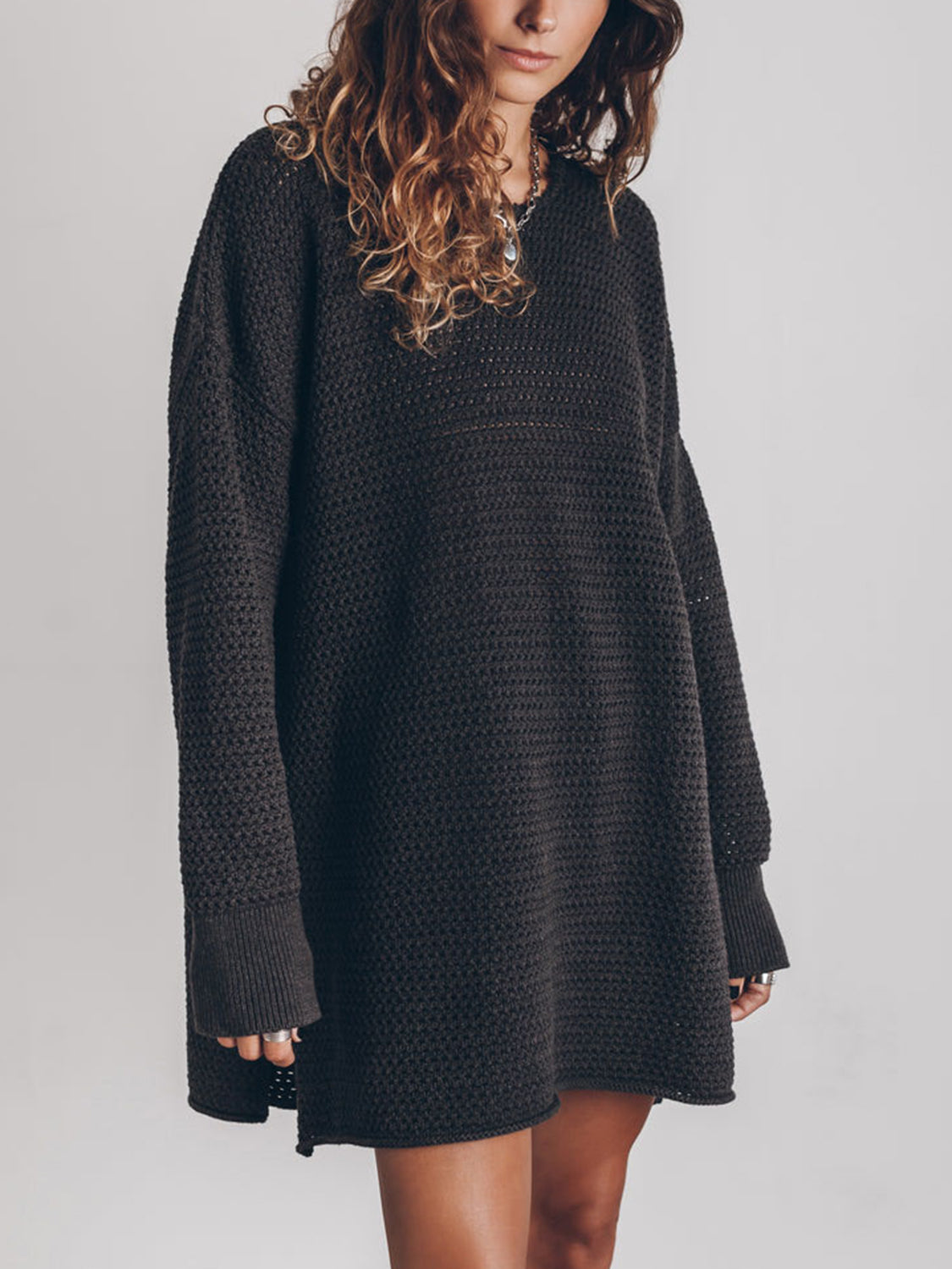 Openwork Round Neck Long Sleeve Slit Sweater (5)
