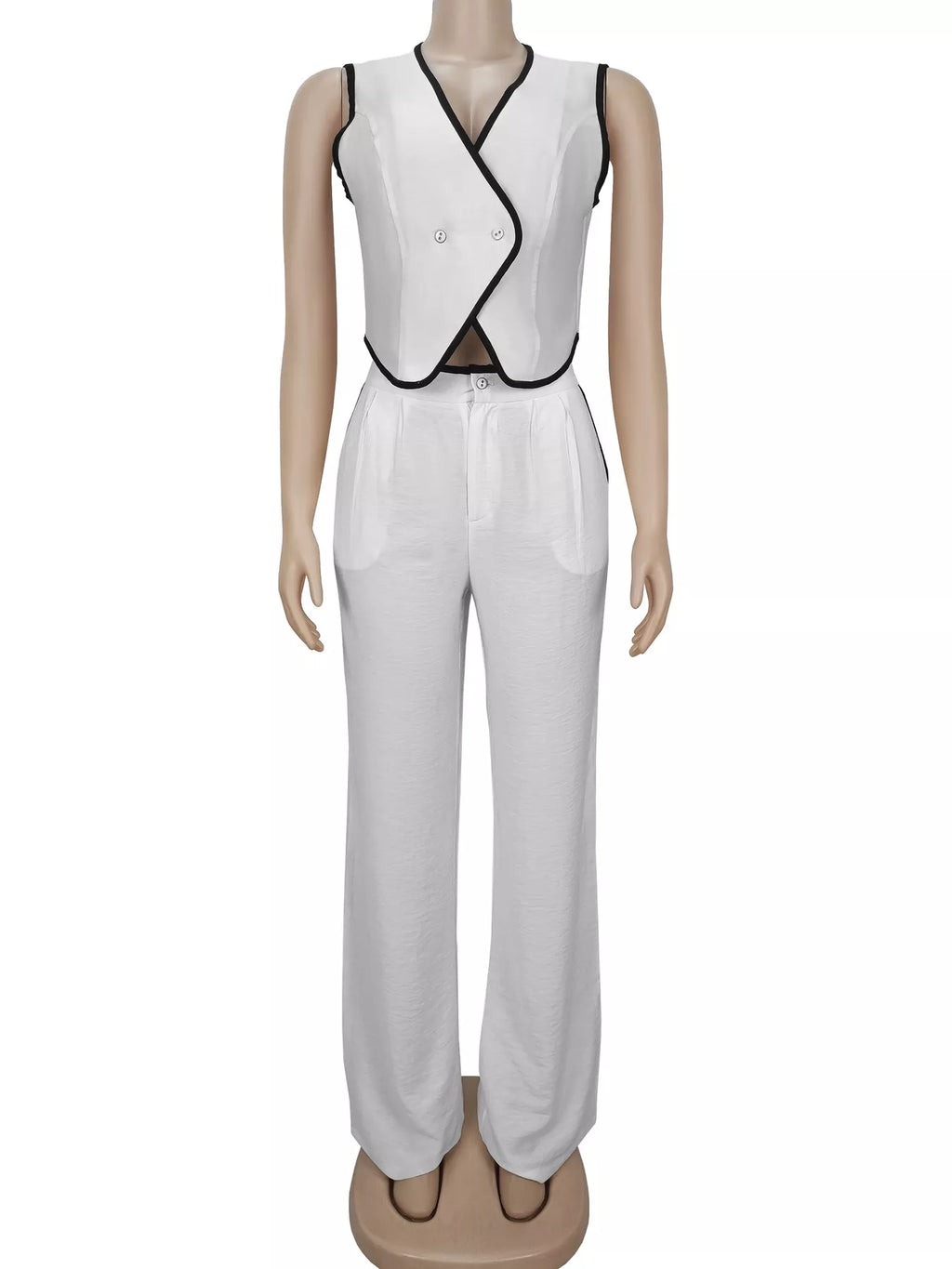 Contrast Trim Vest Wide-leg Pants Two-piece Set (7)