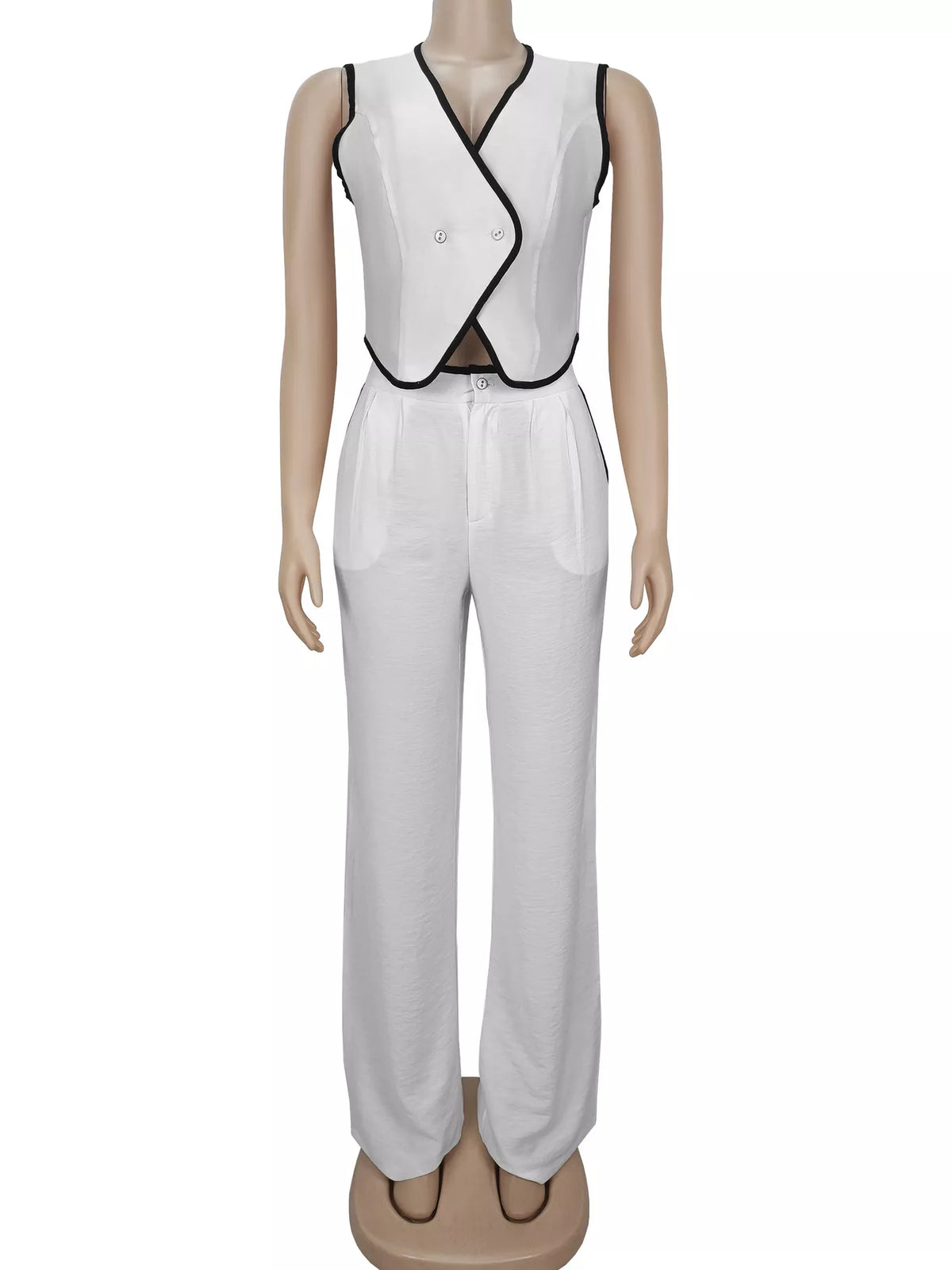 Contrast Trim Vest Wide-leg Pants Two-piece Set (7)