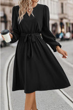 Tie Waist Notched Neck Long Sleeve Dress (11)
