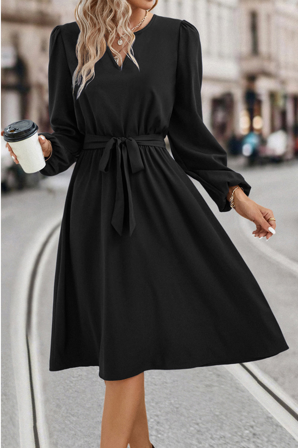Tie Waist Notched Neck Long Sleeve Dress (11)