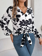 Printed V-neck Long Sleeve Blouse (6)