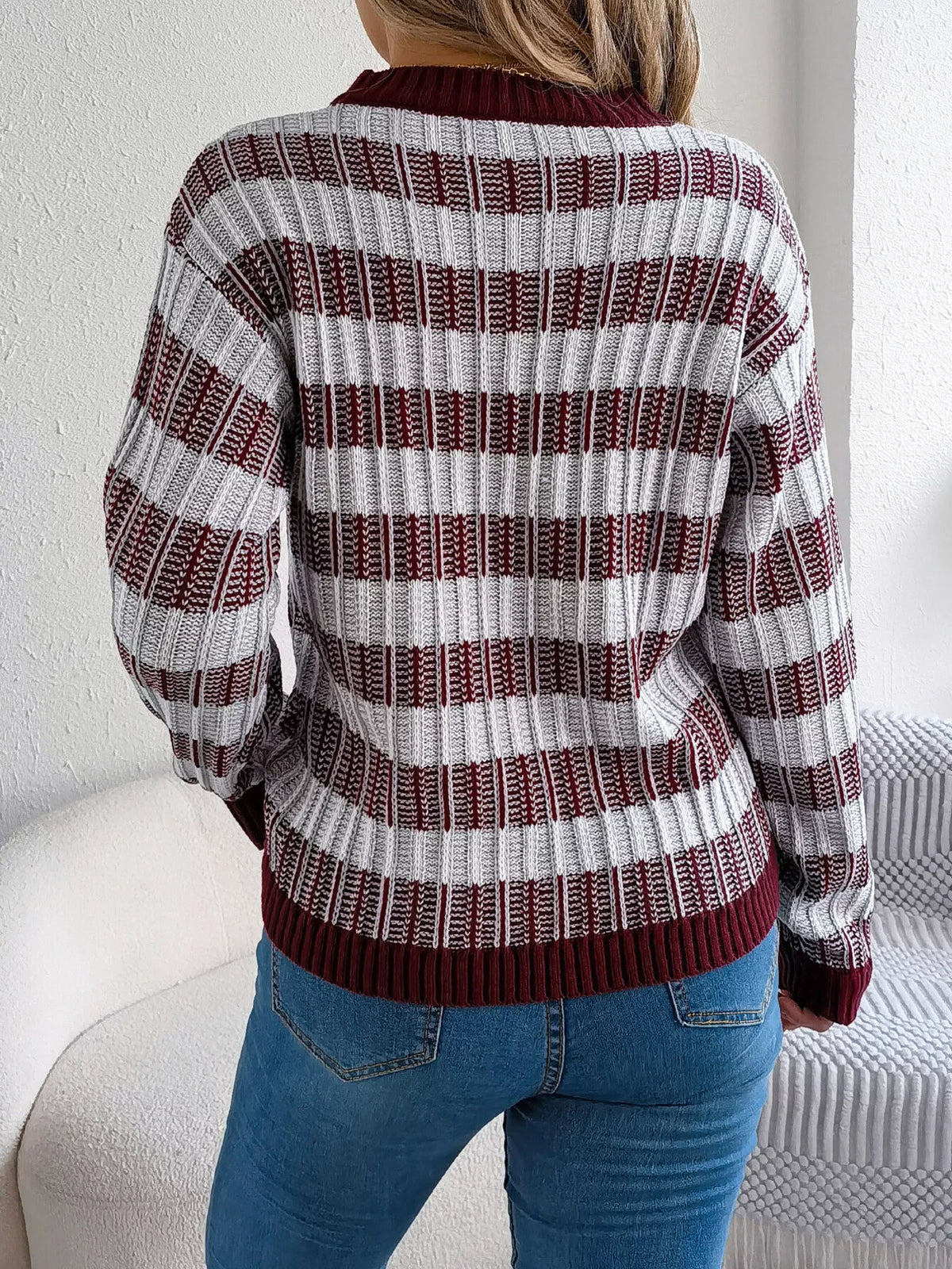 Striped Round Neck Long Sleeve Sweater (14)