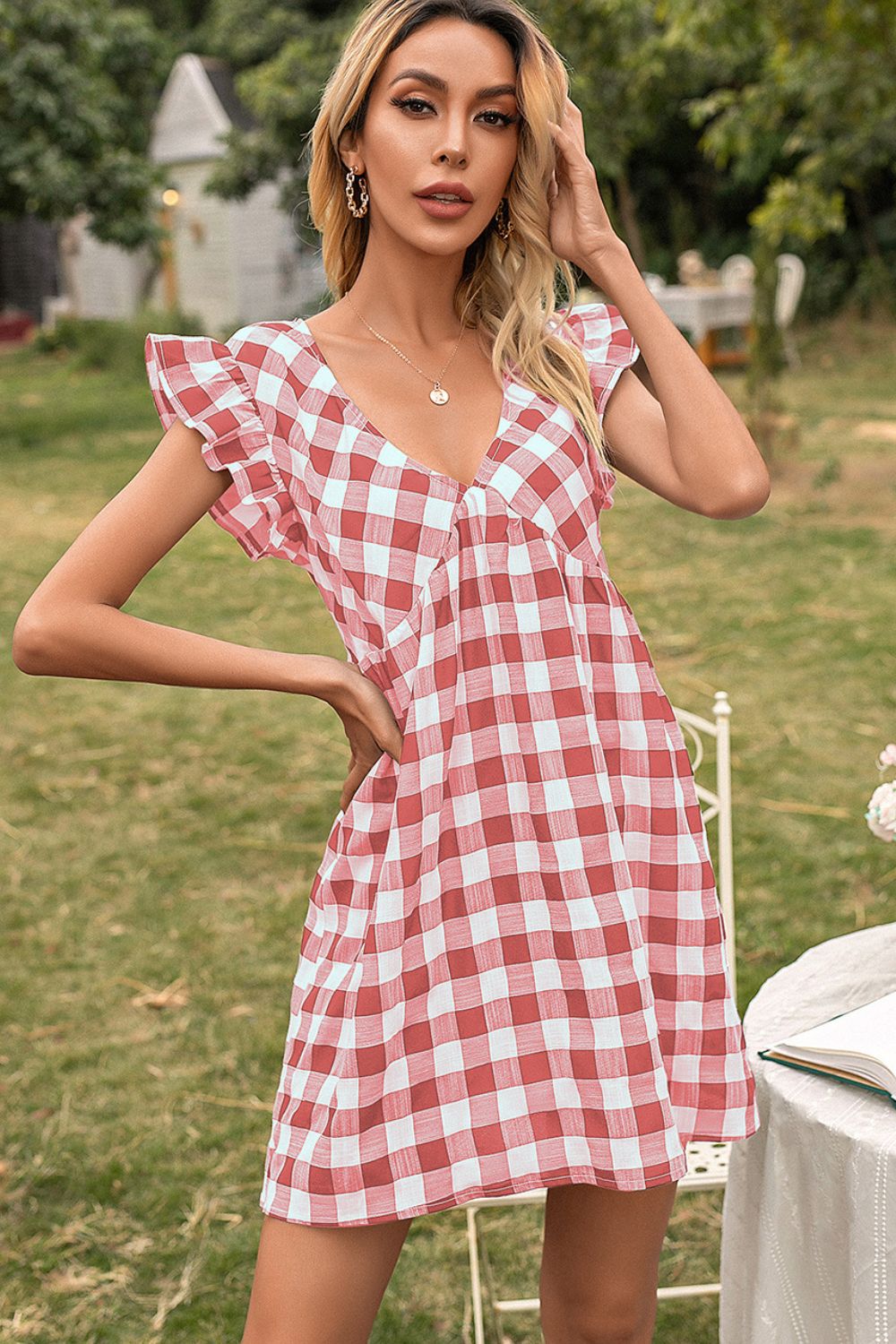 Plaid Butterfly Sleeve Deep V Dress (7)
