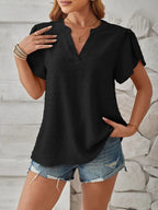 Swiss Dot Notched Petal Sleeve T-shirt (3)