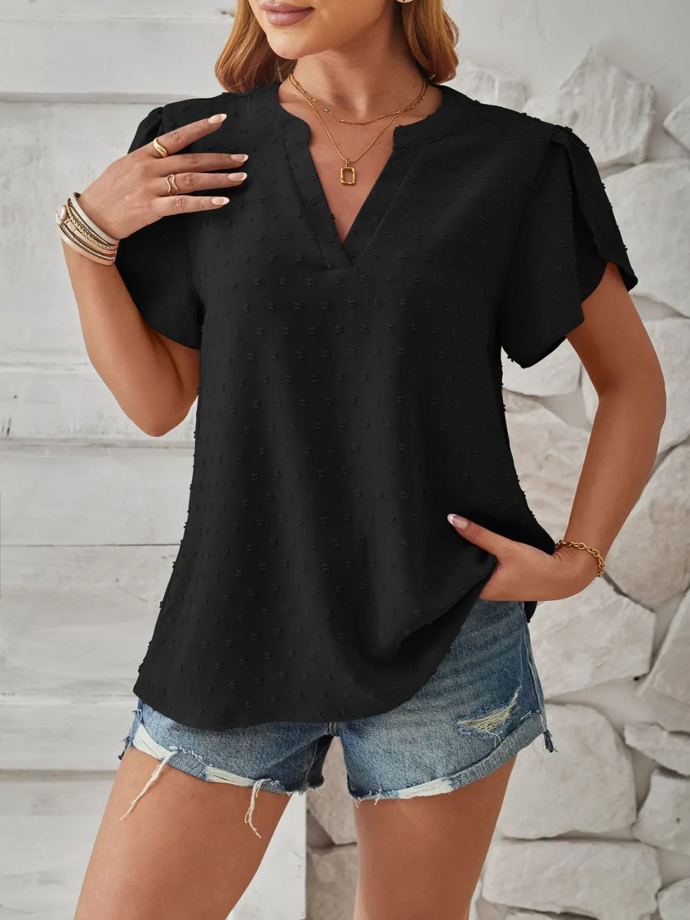 Swiss Dot Notched Petal Sleeve T-shirt (3)