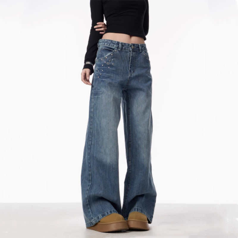 Rivet High Waist Wide Leg Jeans Baggy Straight Trousers photo 5