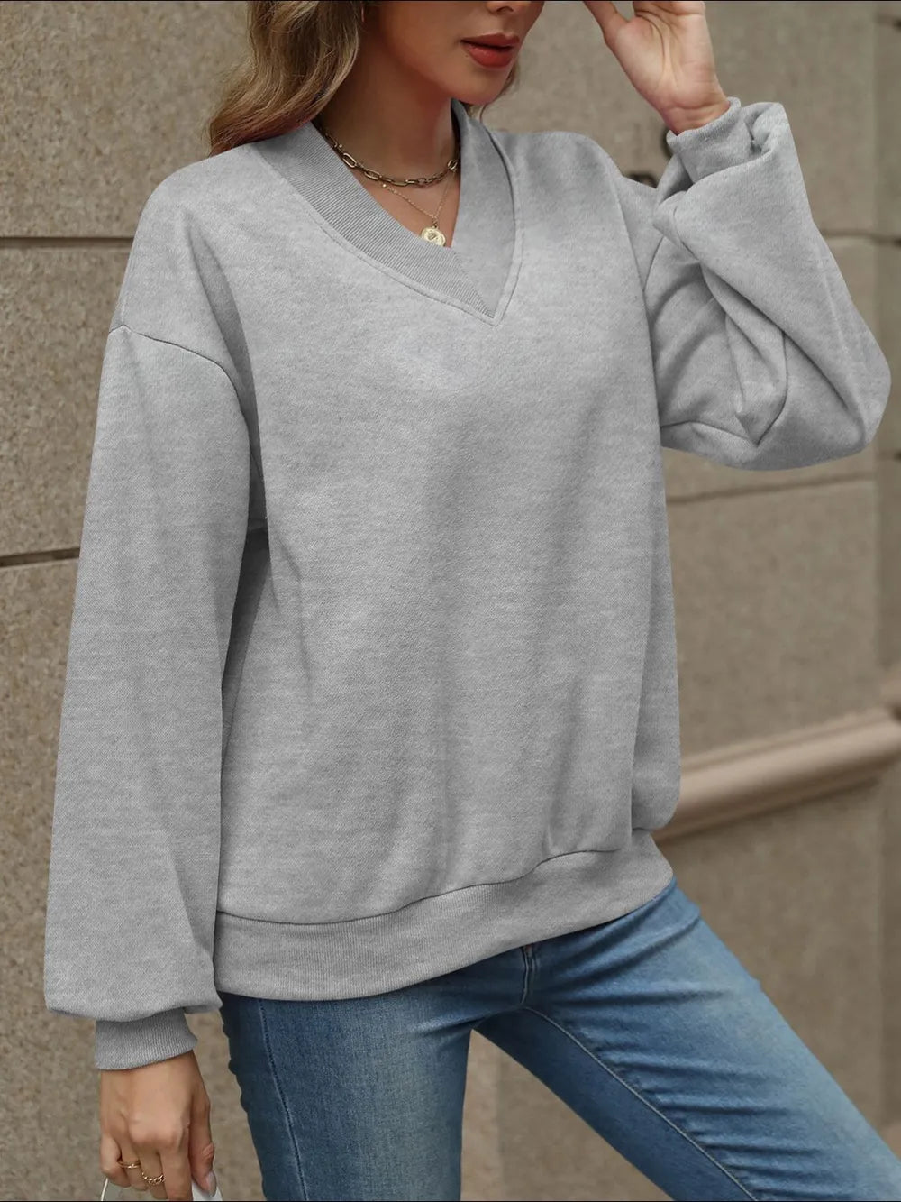 V-neck Long Sleeve Dropped Shoulder Sweatshirt (10)