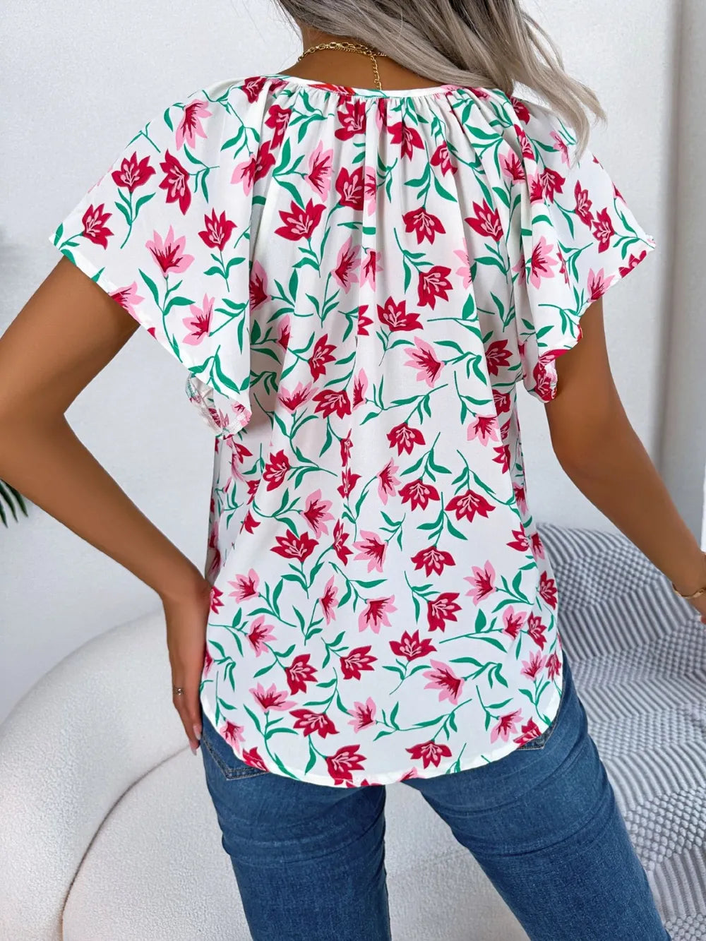 Floral Tie Neck Flutter Sleeve Blouse (17)