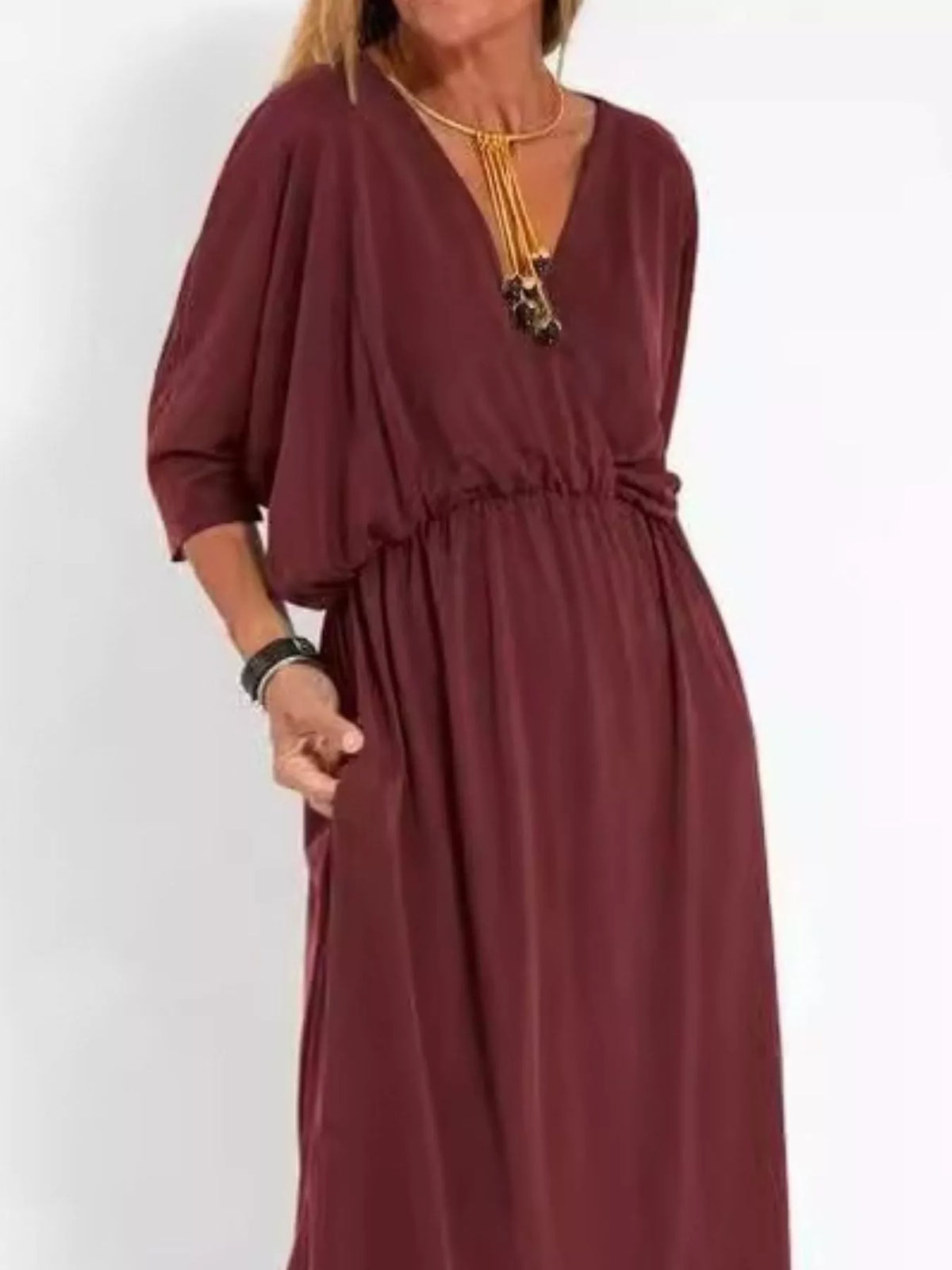 Full Size V-neck Batwing Sleeve Maxi Dress Side Slits Plus (10)