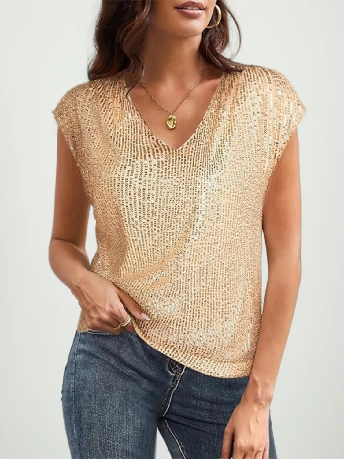 V-neck Sequin Cap Sleeve Top (11)