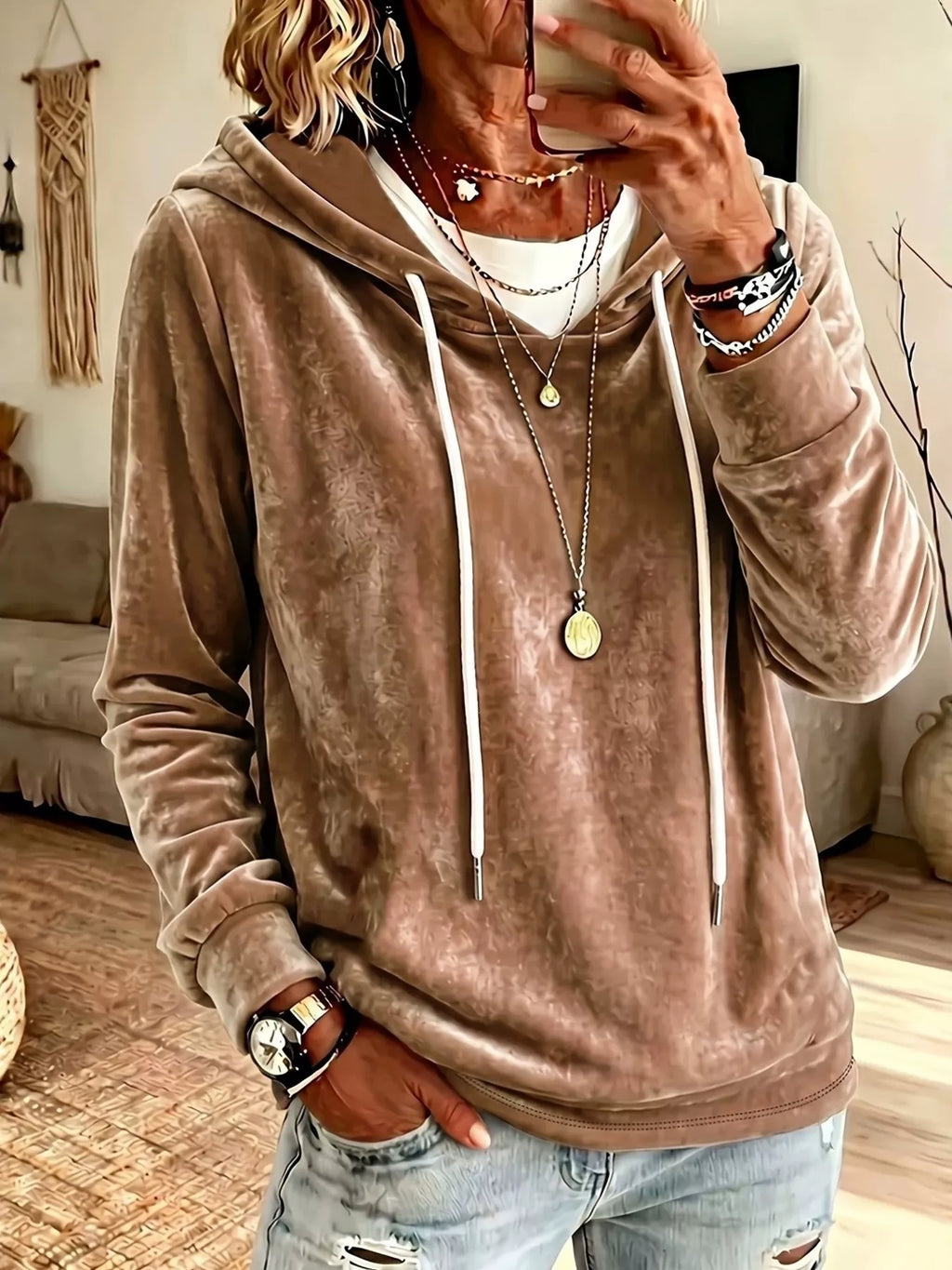 Full Size Drawstring Velvet Long Sleeve Hoodie Plus