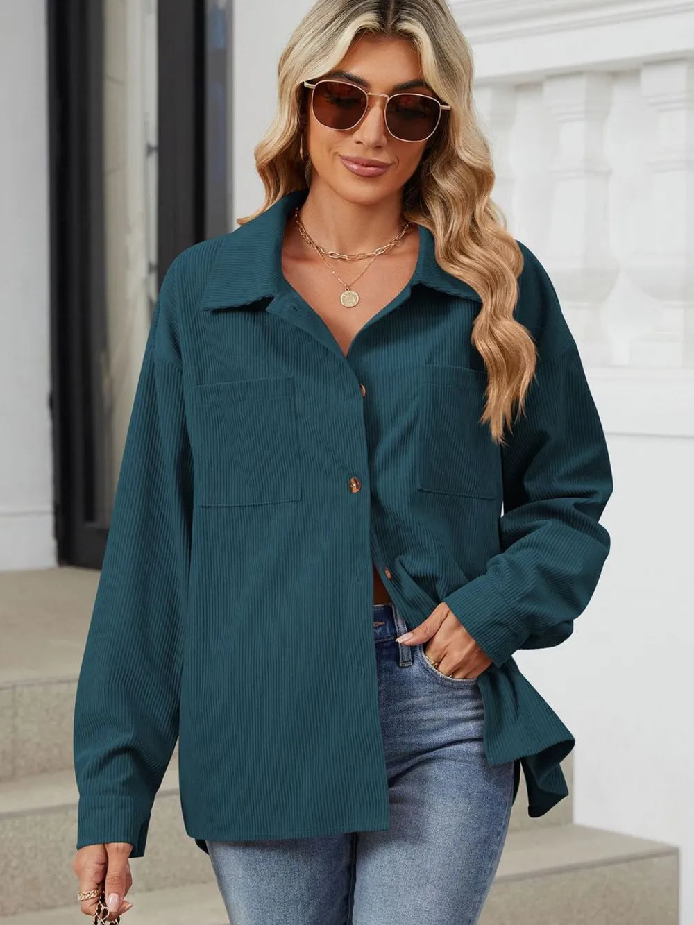 Button Up Dropped Shoulder Long Sleeve Outerwear (13)