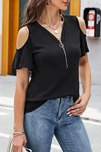 Full Size Half Zip Cold Shoulder Top (7)