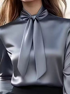 Satin Bow Tie Long Sleeve Blouse (3)