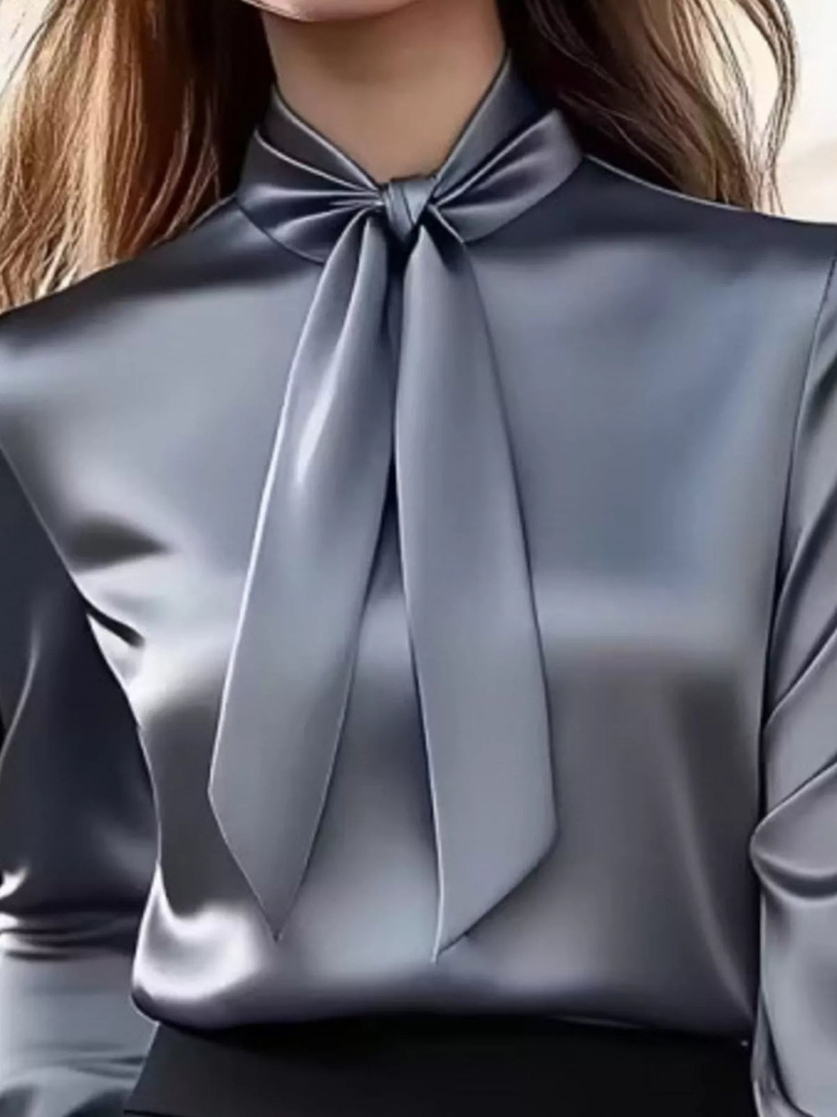 Satin Bow Tie Long Sleeve Blouse (3)