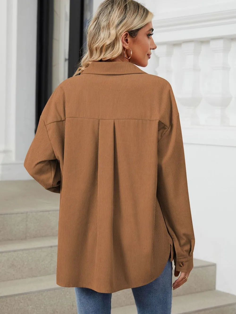 Button Up Dropped Shoulder Long Sleeve Outerwear (2)