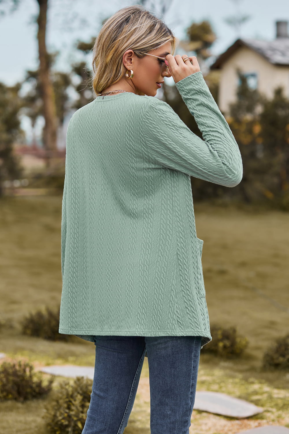 Cable-knit Long Sleeve Cardigan Pocket (2)