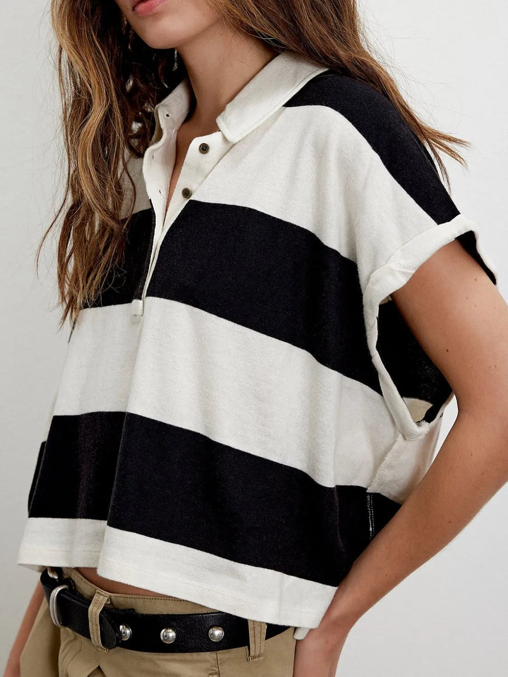 Striped Collared Neck Short Sleeve Top (3)