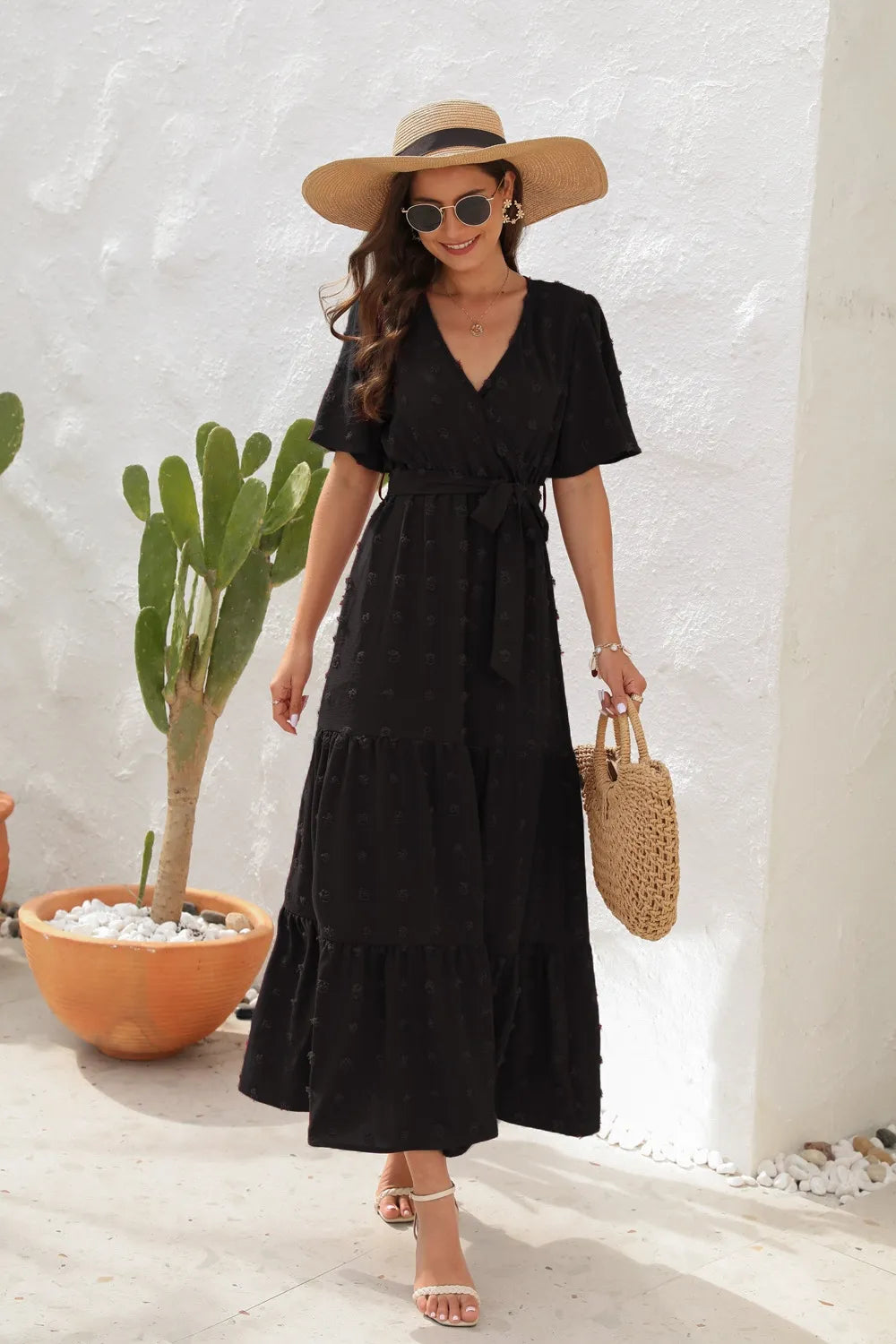 Swiss Dot Tied Surplice Short Sleeve Dress (5)