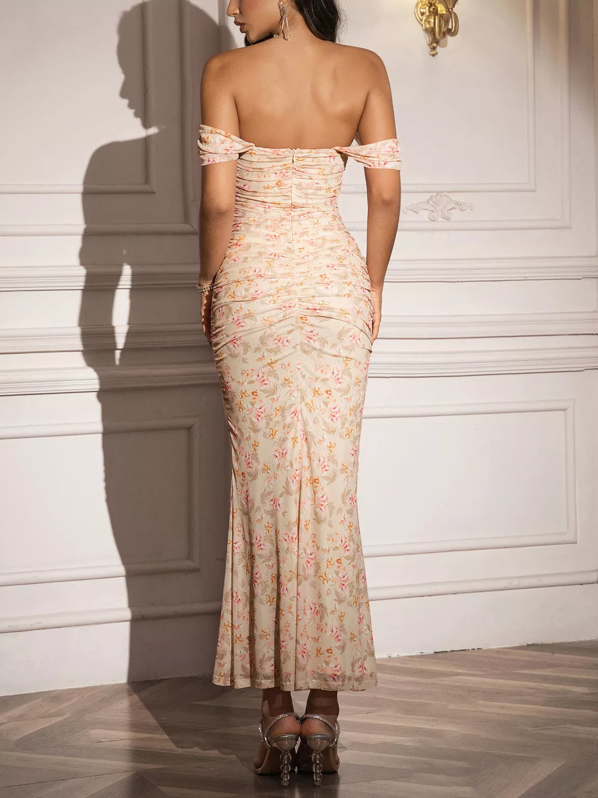 Off-shoulder Ruched Floral Mermaid Dress (7)
