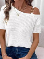 One-shoulder Chain Detail Waffle Knit T-shirt (6)
