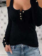 Cold Shoulder Ribbed Henley T-shirt Button Detail (9)