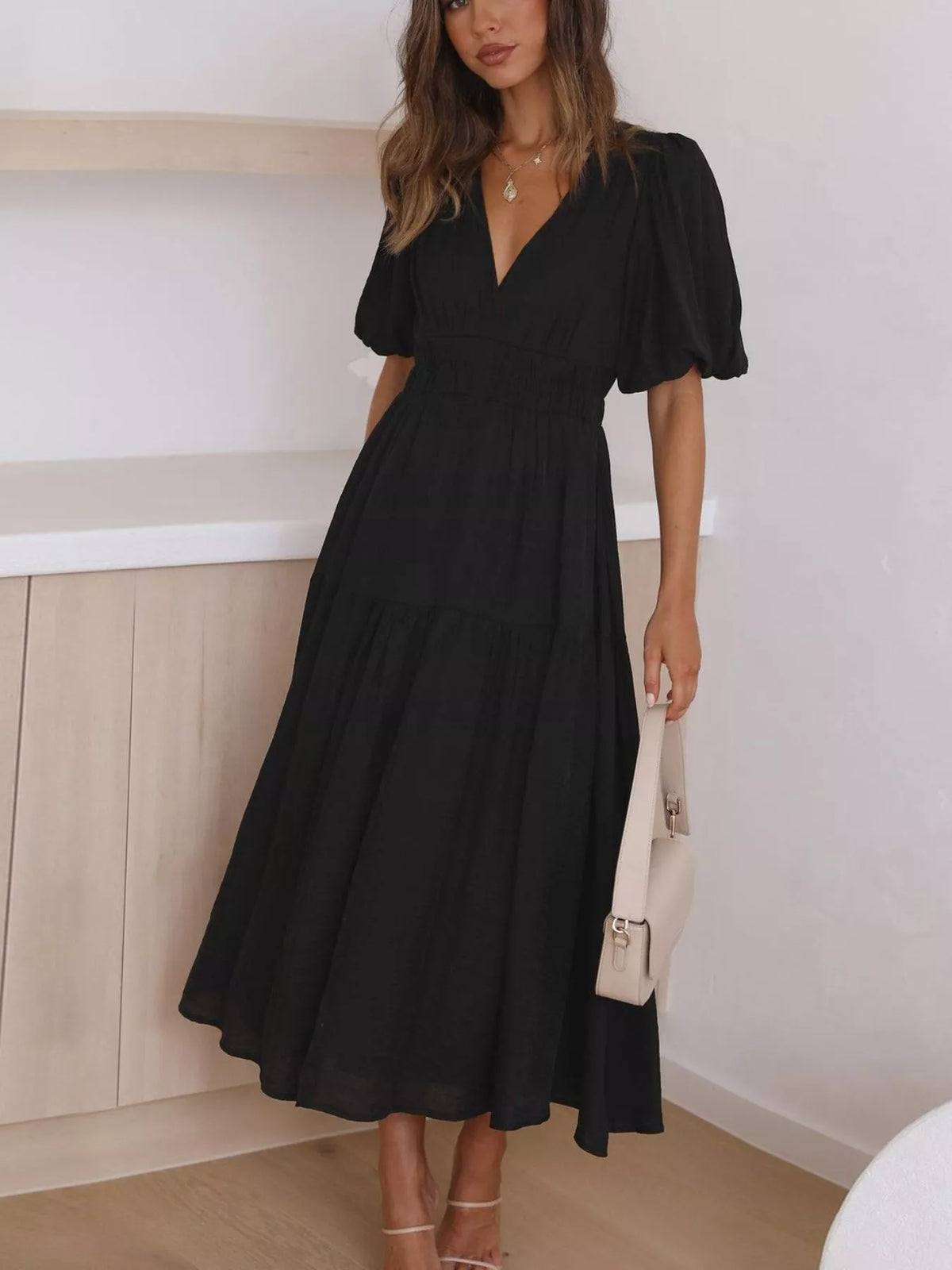 V-neck Puff Sleeve Midi Dress (11)