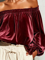 Off-shoulder Velvet Long Sleeve T-shirt (14)