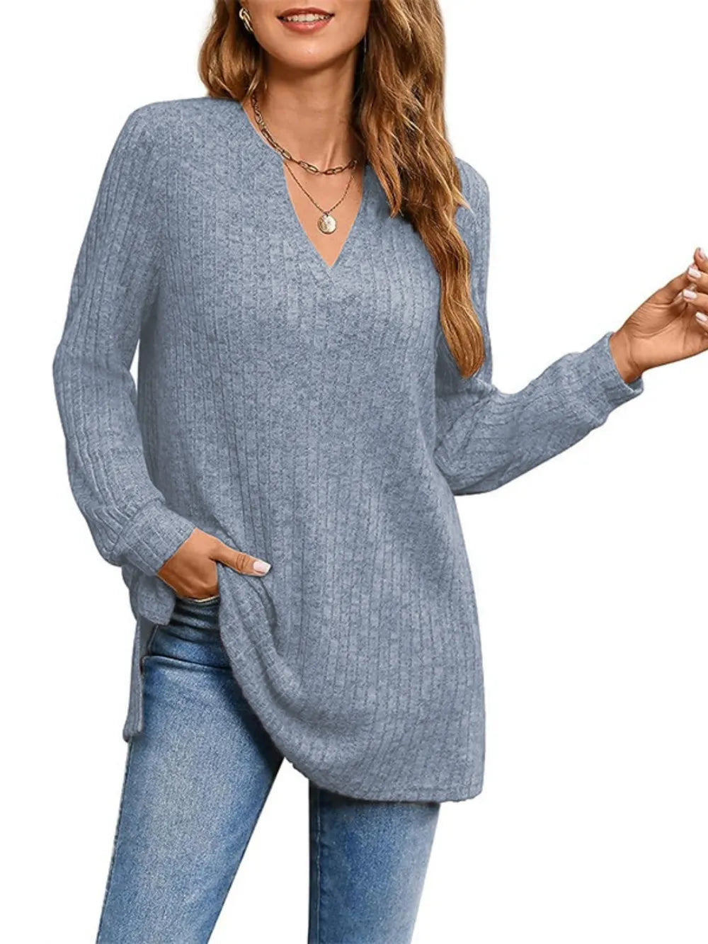 Ribbed Notched Long Sleeve T-shirt (6)