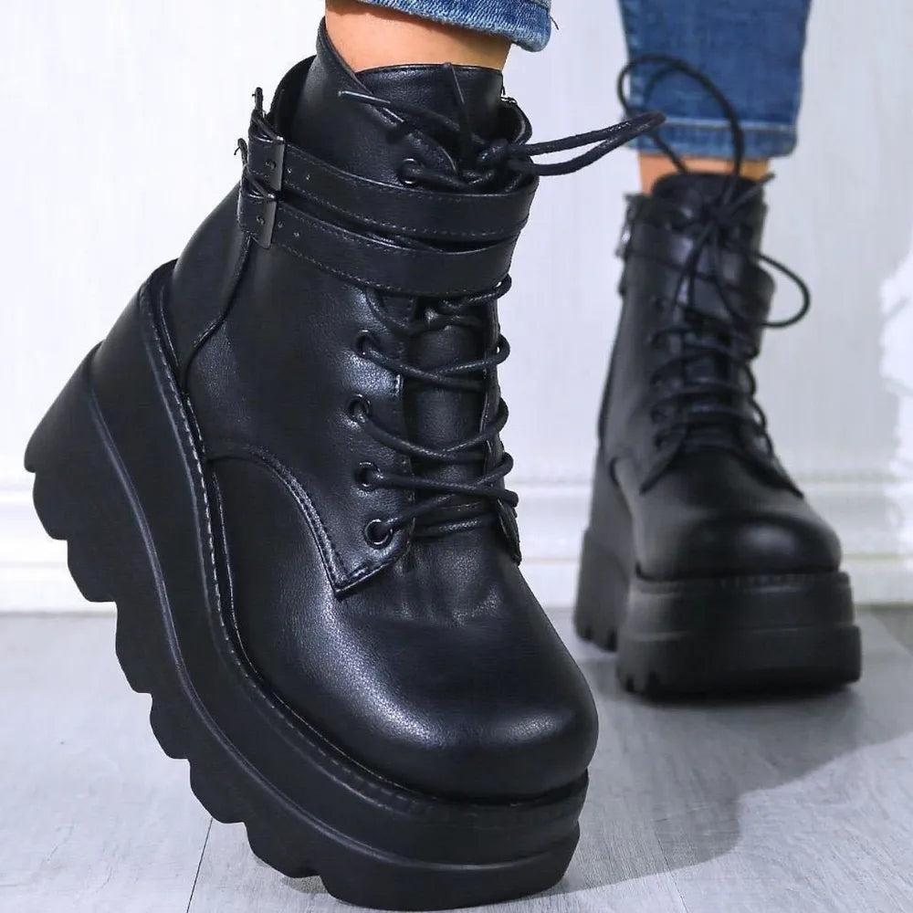 Pu Leather Lace-up Wedge Boots (3)