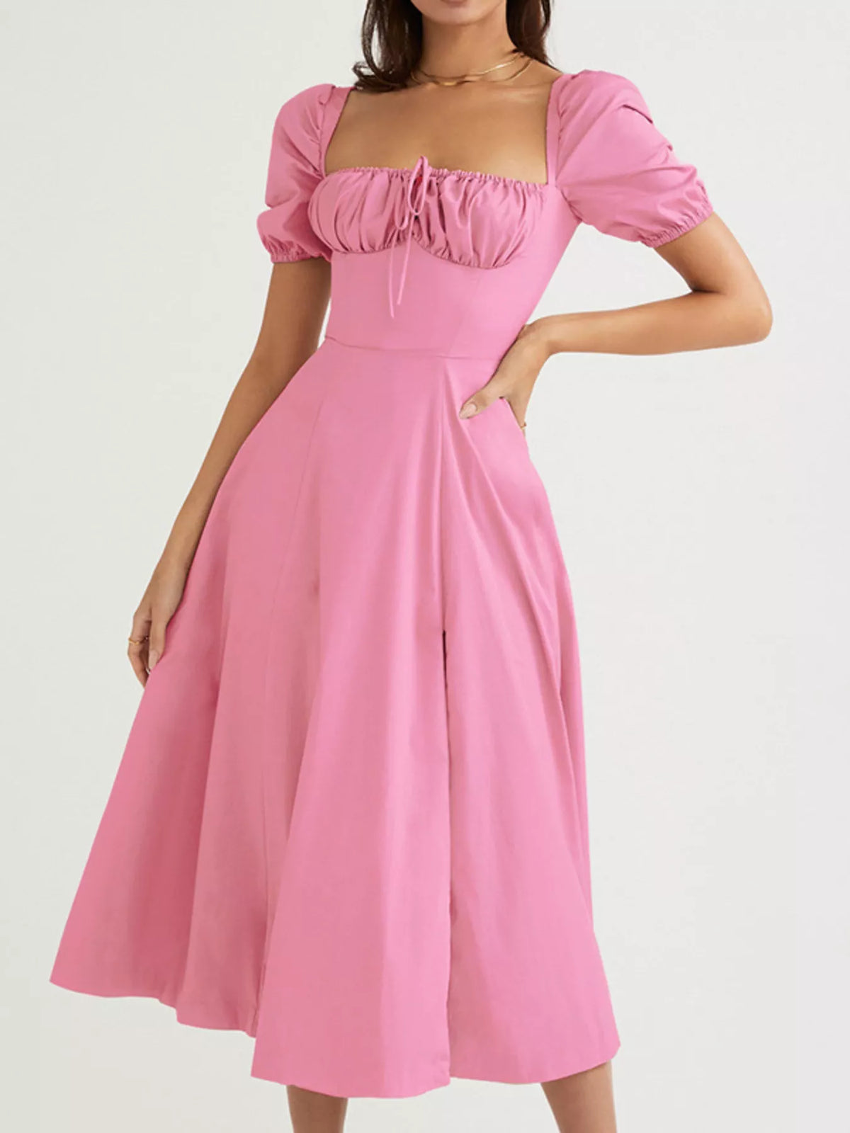 Puff Sleeve Tie Front Slit Midi Dress (4)