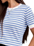 Contrast Trim Striped Short Sleeve Knit Top (12)