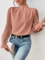 Mock Neck Sheer Lace Sleeve Blouse (19)
