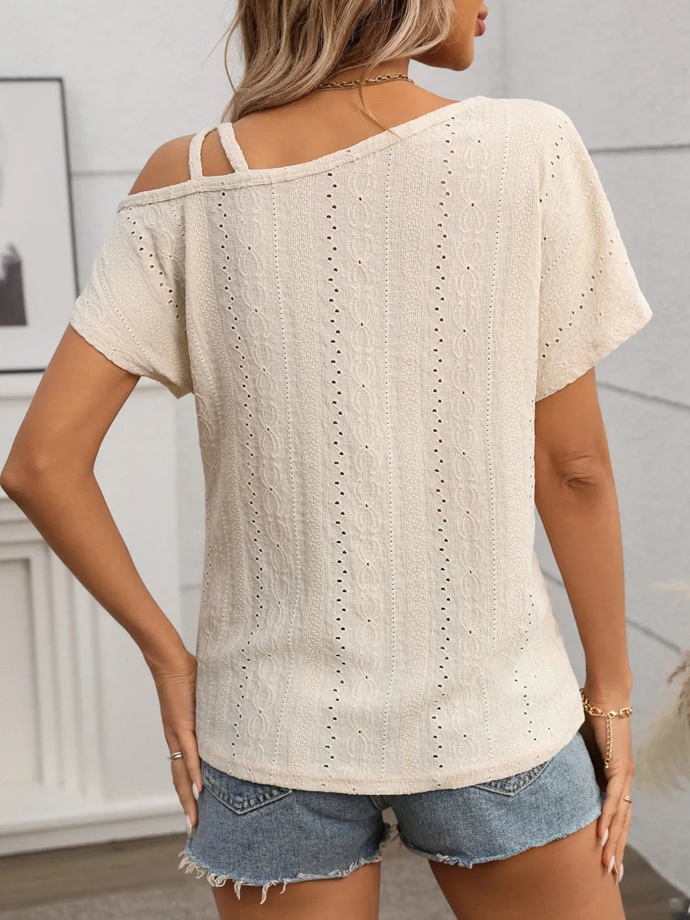 Eyelet Asymmetrical Shoulder Short Sleeve T-shirt (25)