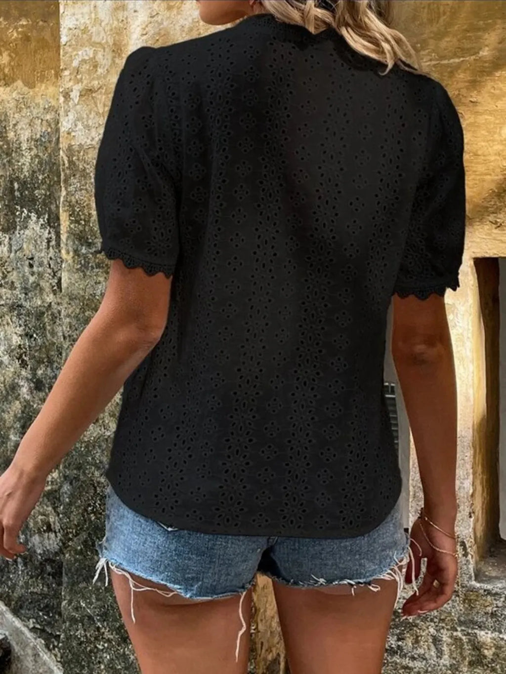 Full Size Eyelet V-neck Short Sleeve Blouse Plus (15)