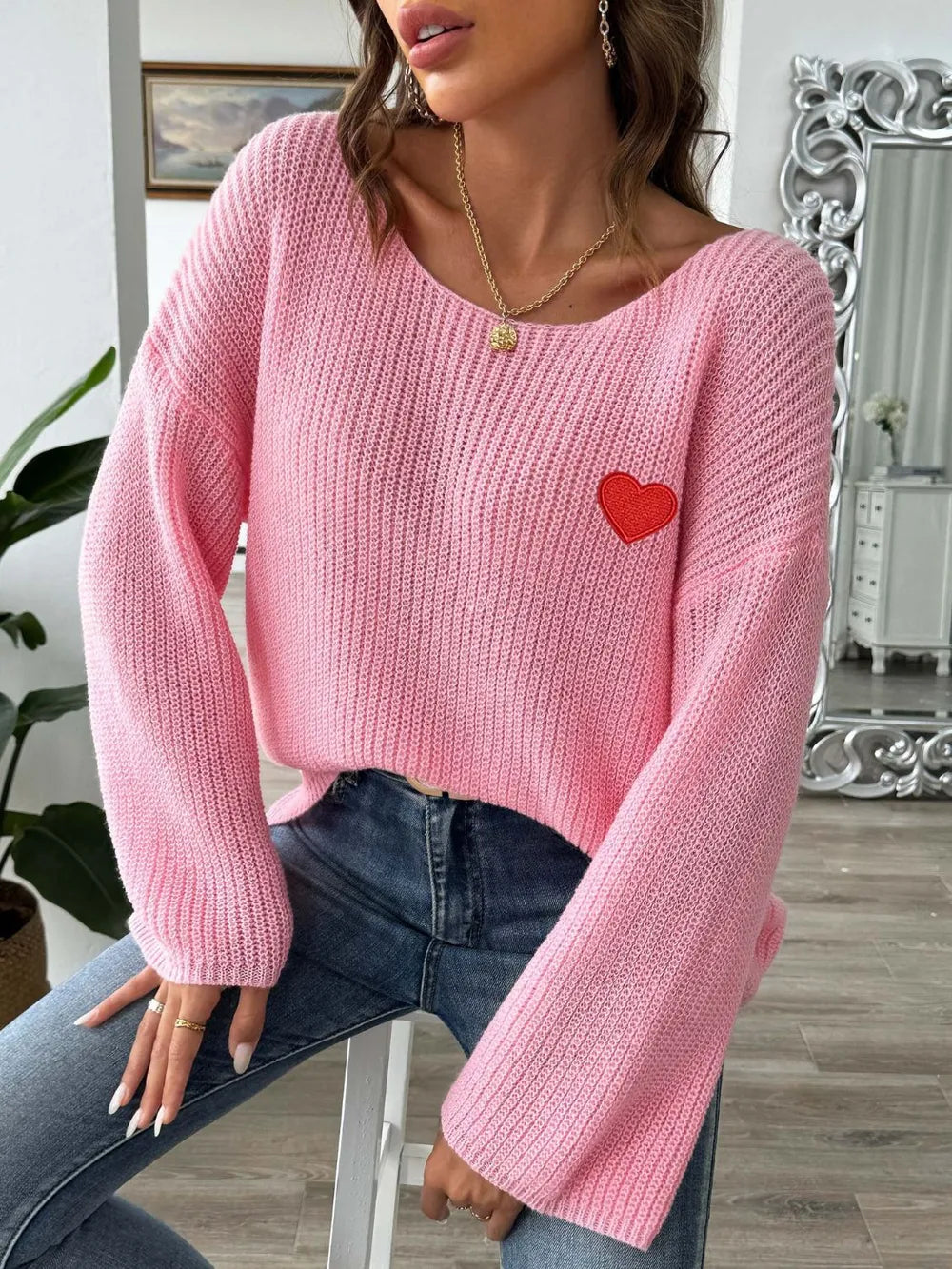 Heart Boat Neck Dropped Shoulder Sweater (13)