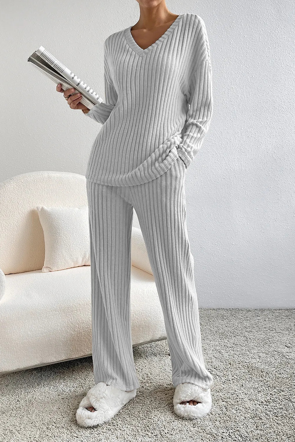 Ribbed V-neck Top Pants Lounge Set (9)