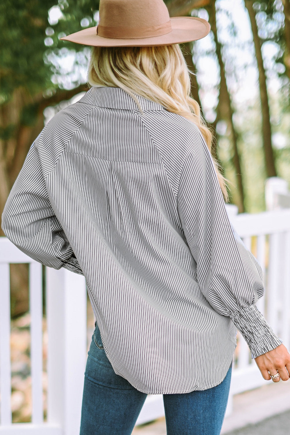 Striped Lantern Sleeve Collared Shirt (21)