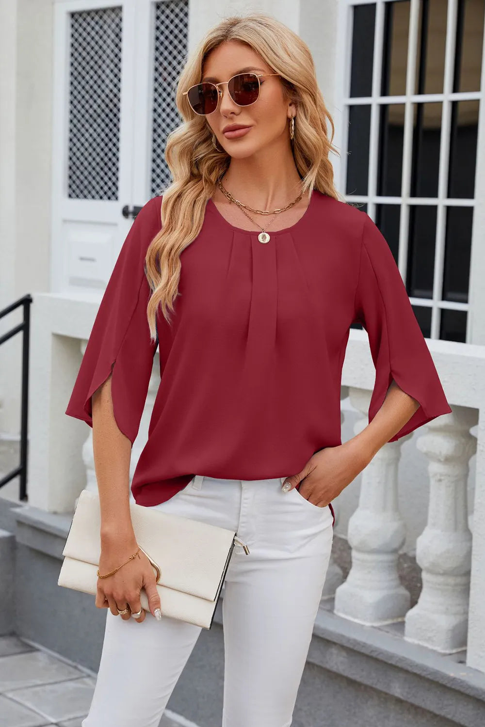Round Neck Slit Half Sleeve Top (3)