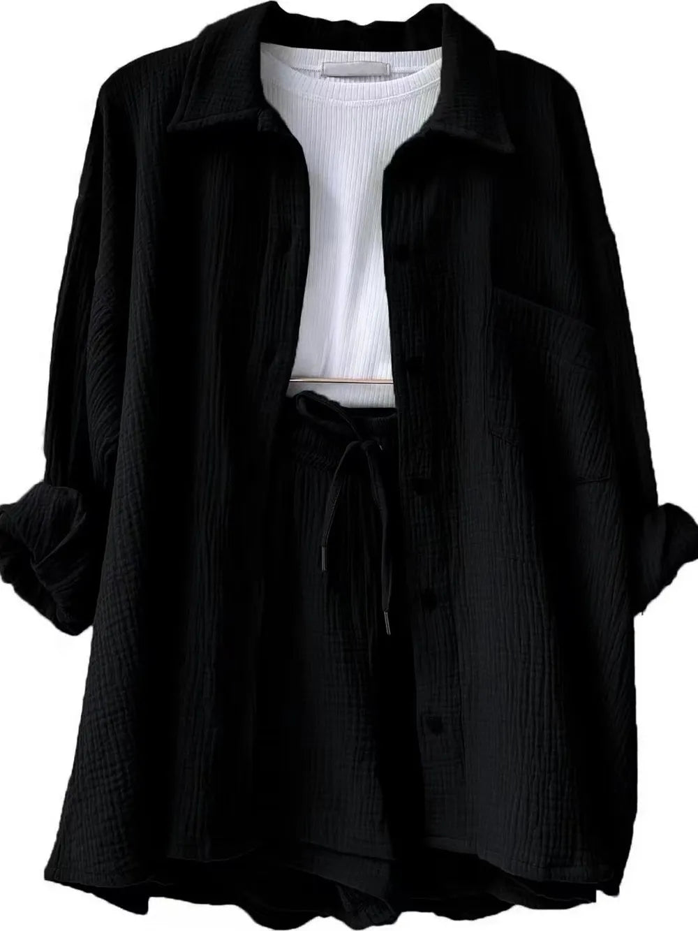 Texture Button Up Shirt Drawstring Shorts Set (7)