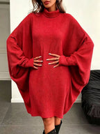Oversized Batwing Sleeve Ribbed Knit Turtleneck Dress (10)