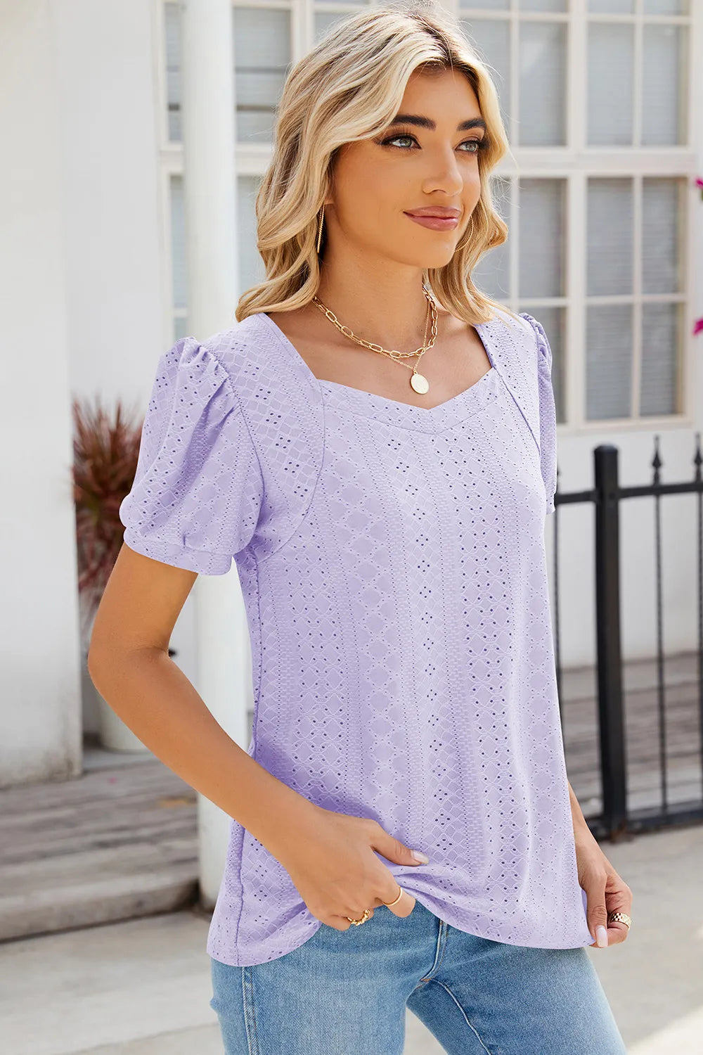 Eyelet Puff Sleeve T-shirt (4)