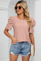Eyelet Round Neck Puff Sleeve T-shirt (14)
